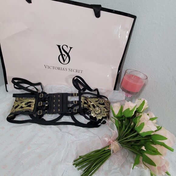 1423 VICTORIA'S SECRET BLACK GOLD Strappy Embroidered Open Cup Balconett… - Picture 8 of 11